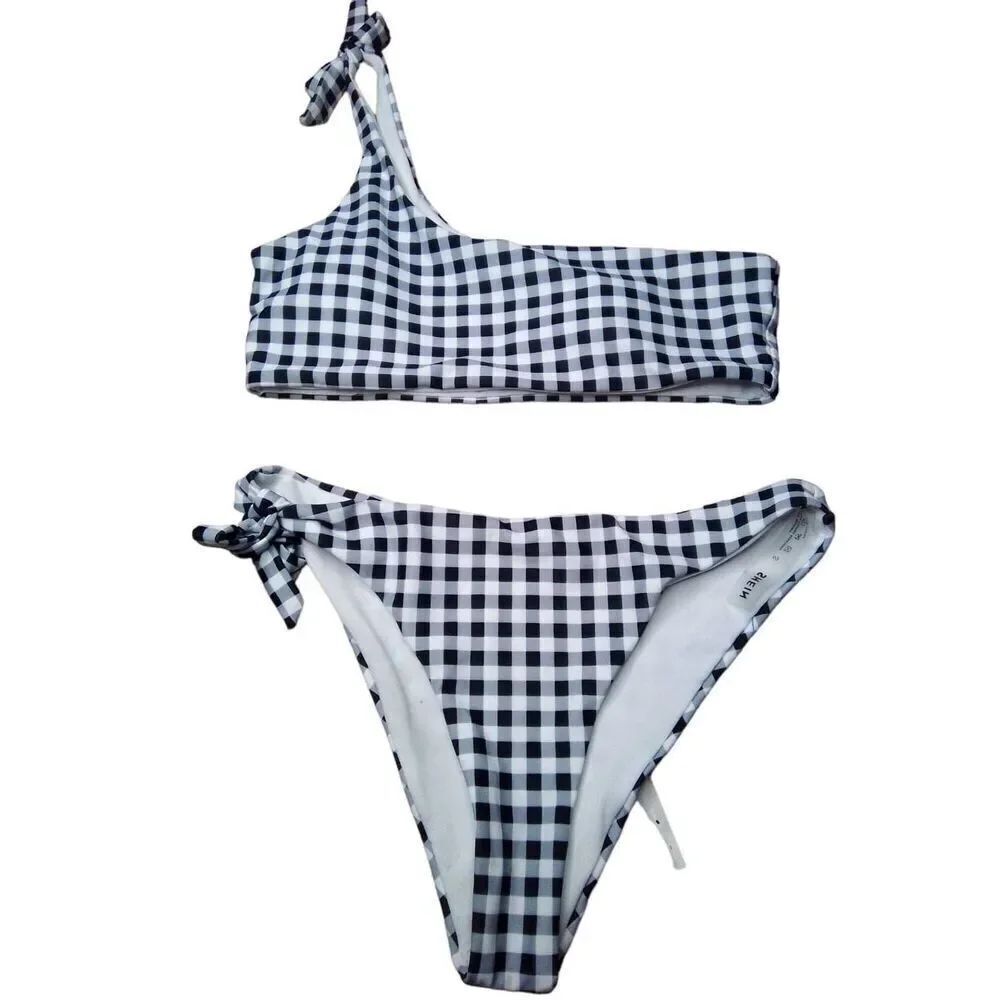 SheIn Blue And White Plaid Bikini 2 piece Swimsuit Size S